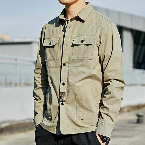 Herren Baumwolle Utility Langarmhemd Mehrere Taschen Button Down Atmungsaktiv Einfarbig Koreanischer Stil Arbeitskleidung Jacke