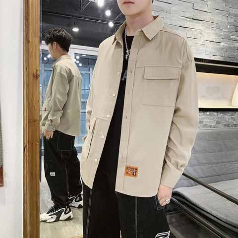 Herren Lässiges Langarm Workwear Hemd Einfarbig Baumwolle Locker Umlegekragen Top Mit Taschen Für Frühling Herbst