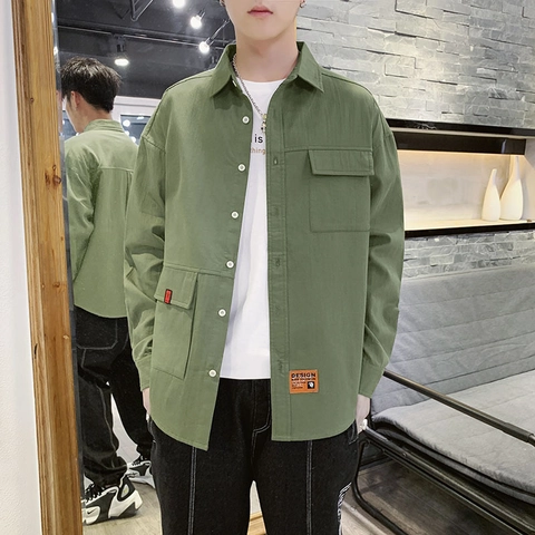 Herren Lässiges Langarm Workwear Hemd Einfarbig Baumwolle Locker Umlegekragen Top Mit Taschen Für Frühling Herbst
