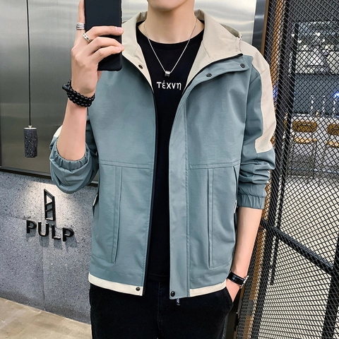 Heren Casual Jas Met Capuchon Color Block Windbreaker Patchwork Rits Voor Lente Herfst Mode Mantel