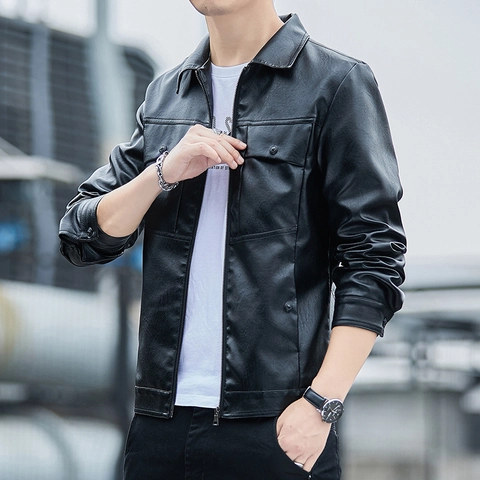 Chaqueta de Cuero PU Casual para Hombre Corte Ajustado Chaqueta de Motociclista Solapa Cremallera Múltiples Bolsillos Otoño Invierno Abrigo de Cuero Sintético Resistente al Viento