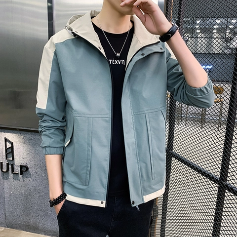 Heren Casual Jas Met Capuchon Color Block Windbreaker Patchwork Rits Voor Lente Herfst Mode Mantel