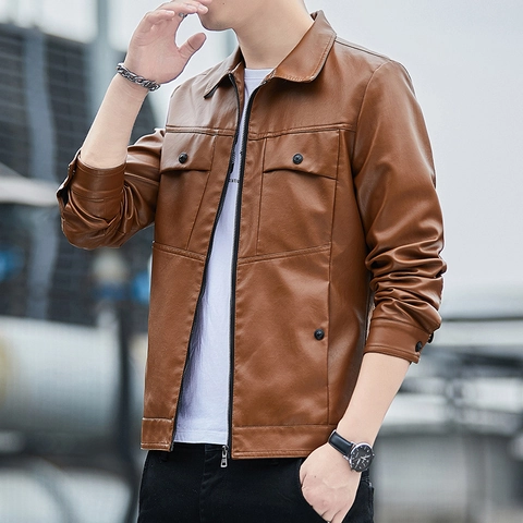 Chaqueta de Cuero PU Casual para Hombre Corte Ajustado Chaqueta de Motociclista Solapa Cremallera Múltiples Bolsillos Otoño Invierno Abrigo de Cuero Sintético Resistente al Viento