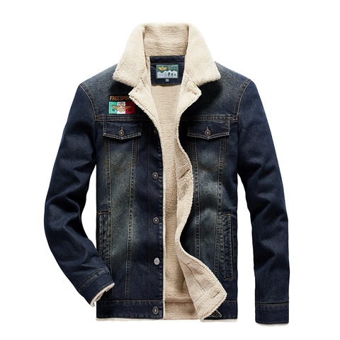 Veste en Jean Chaude d'Hiver pour Hommes Avec Doublure en Polaire Sherpa Manteau Décontracté en Mélange de Coton Style Workwear Brodé