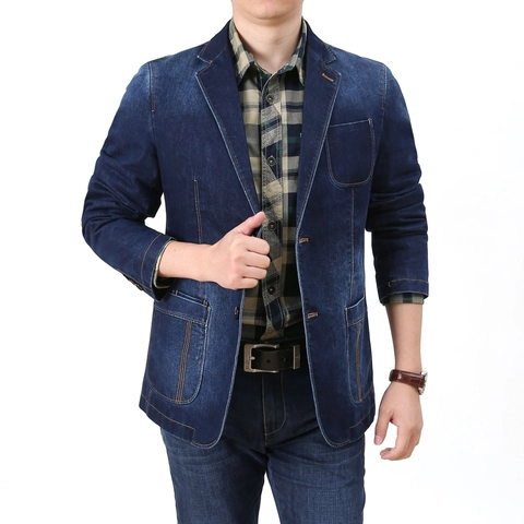 Blazer Décontracté en Denim pour Hommes Vintage Coton Manches Longues Veste de Costume Avec Poches Mode Simple Boutonnage Manteau