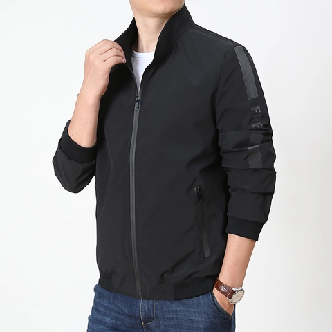 Veste Décontractée pour Hommes Col Montant Coupe-vent Impression de Lettres Bords Nervurés Poches Zippées Mode Manteau