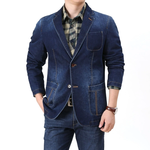 Blazer Décontracté en Denim pour Hommes Vintage Coton Manches Longues Veste de Costume Avec Poches Mode Simple Boutonnage Manteau