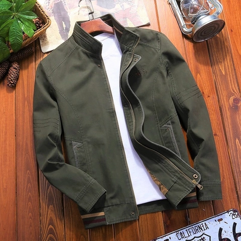 Men's Casual Stand Collar Jacket Long Sleeve Solid Color Zip Up Outerwear Vintage Workwear Ribbed Trim Polyester Spring Autumn Coat