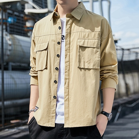 Herren Langarm Cargo Hemd Baumwollmischung Atmungsaktiv Umlegekragen Outdoor Casual Arbeit Hemd Einfarbig Doppel Taschen