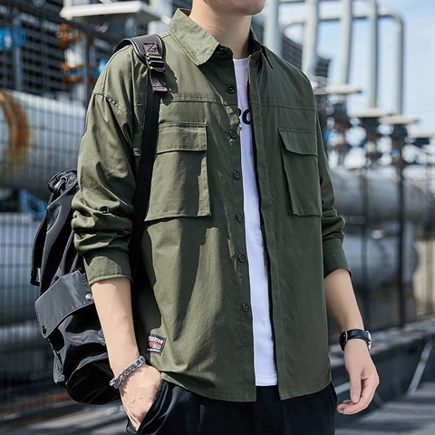 Camicia da Uomo Casual da Lavoro in 100% Cotone Manica Lunga Vestibilità Comoda Rever Doppia Tasca Tinta Unita per Primavera Autunno
