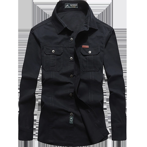Camicia da Uomo in Cotone Cargo a Manica Lunga Outdoor Casual Utility da Lavoro Con Doppie Tasche Colletto a Punta Tinta Unita