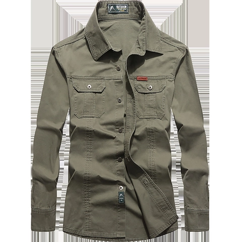 Camicia da Uomo in Cotone Cargo a Manica Lunga Outdoor Casual Utility da Lavoro Con Doppie Tasche Colletto a Punta Tinta Unita