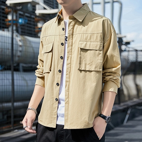 Herren Langarm Cargo Hemd Baumwollmischung Atmungsaktiv Umlegekragen Outdoor Casual Arbeit Hemd Einfarbig Doppel Taschen