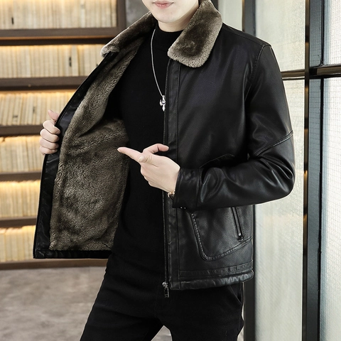 Men Fashion PU Leather Jacket With Detachable Fur Collar Fleece Lined Warm Winter Coat Slim Fit Casual Moto Biker Outwear