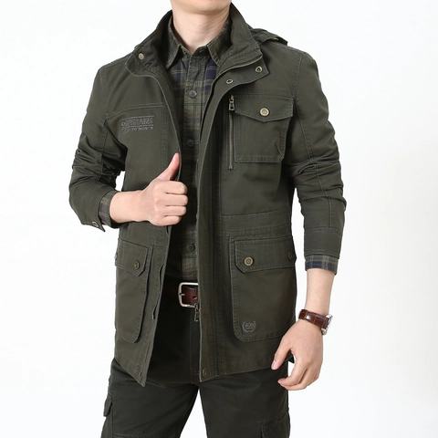 Men's Workwear Jacket Cotton Multi Pocket Outdoor Hooded Casual Military Style Windproof Windbreaker Coat For Men