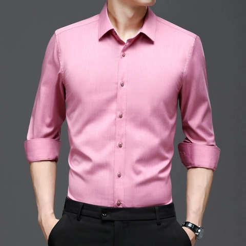 Camicia da Uomo Slim Fit a Manica Lunga in Misto Fibra di Bamboo Business Casual Tinta Unita Revers Camicie per Ufficio