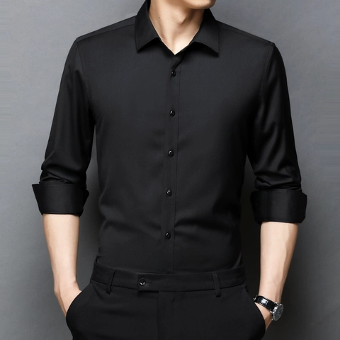 Camicia da Uomo Slim Fit a Manica Lunga in Misto Fibra di Bamboo Business Casual Tinta Unita Revers Camicie per Ufficio