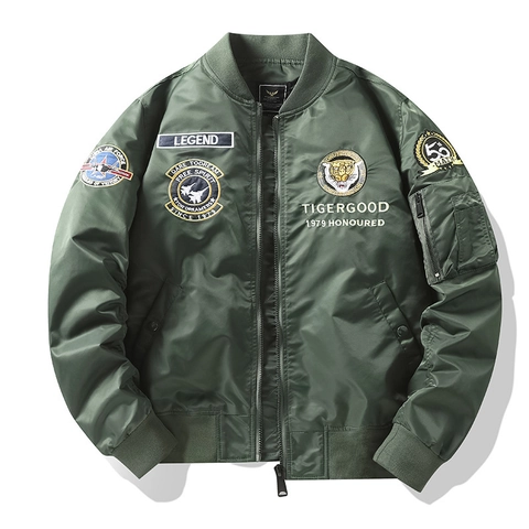 Chaqueta Bomber de Vuelo MA-1 para Hombre Nailon de Alta Densidad Resistente al Viento Bordado de Tigre Militar Borde Acanalado Ropa de Abrigo Callejera para Hombre