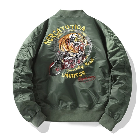 Chaqueta Bomber de Vuelo MA-1 para Hombre Nailon de Alta Densidad Resistente al Viento Bordado de Tigre Militar Borde Acanalado Ropa de Abrigo Callejera para Hombre