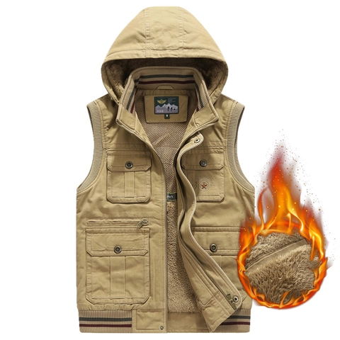 Ανδρικό Casual Γιλέκο Workwear με Επένδυση Fleece Χειμερινό Ζεστό Γιλέκο με Κουκούλα και Πολλές Τσέπες Βαμβακερό Γιλέκο Outdoor