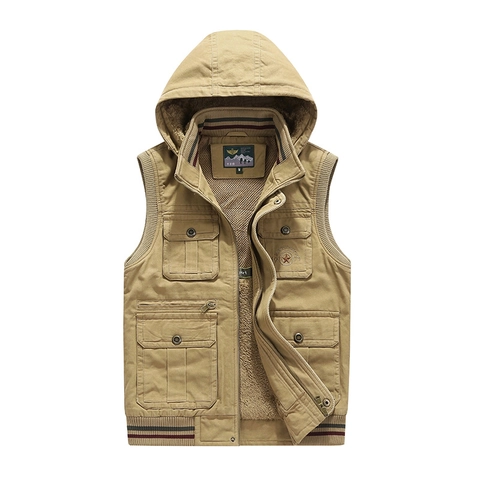 Ανδρικό Casual Γιλέκο Workwear με Επένδυση Fleece Χειμερινό Ζεστό Γιλέκο με Κουκούλα και Πολλές Τσέπες Βαμβακερό Γιλέκο Outdoor