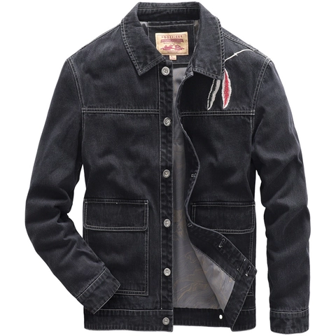 Men Slim Fit Denim Jacket With Feather Embroidery And Eagle Print Vintage Cotton Blend Multi Pocket Workwear Casual Outerwear Coat