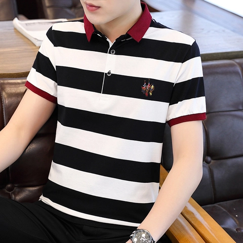 Men Cotton Striped Polo Shirt Short Sleeve Washed Thin Top Casual Fashion Summer Lapel T-Shirt For Men Clothing