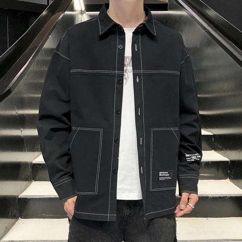 Herren Casual Baumwolle Langarm Hemd Kontrastnähte Slim Fit Umlegekragen Utility Arbeitshemd Mode Jugend Top