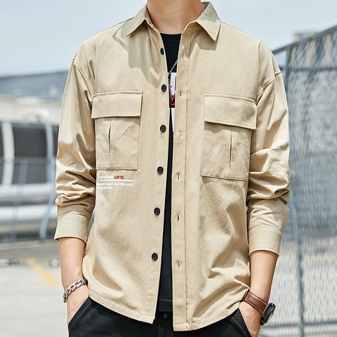 Camisa de Algodón de Manga Larga para Hombre Estilo de Trabajo con Botones Ajuste Holgado Top Casual Primavera Otoño Chaqueta