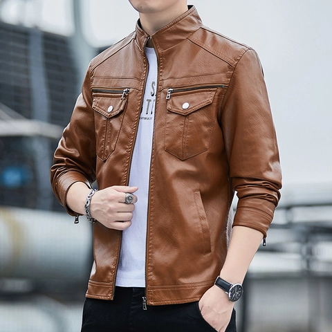 Men Slim Fit PU Leather Jacket Stand Collar Motorcycle Biker Coat Multi-Pocket Casual Outerwear For Autumn Spring Windproof Jacket