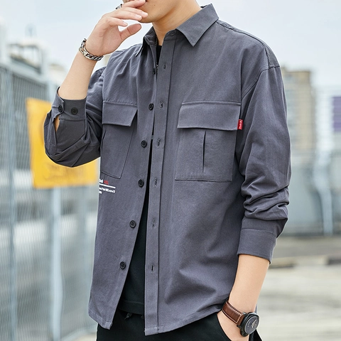 Camisa de Algodón de Manga Larga para Hombre Estilo de Trabajo con Botones Ajuste Holgado Top Casual Primavera Otoño Chaqueta