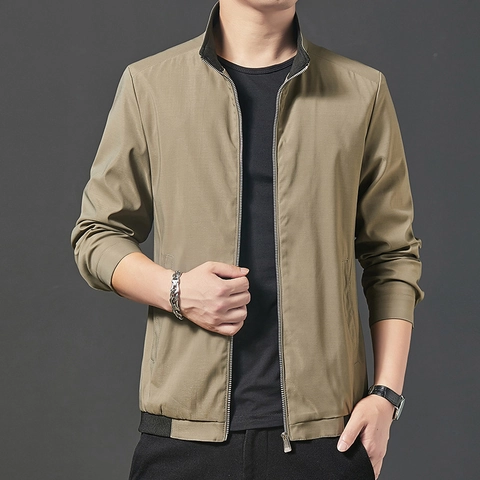 Men's Business Casual Stand Collar Jacket Classic Zip Up Windbreaker Outwear For Spring Autumn Solid Color Lightweight Coat