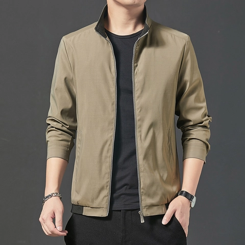 Men's Business Casual Stand Collar Jacket Classic Zip Up Windbreaker Outwear For Spring Autumn Solid Color Lightweight Coat