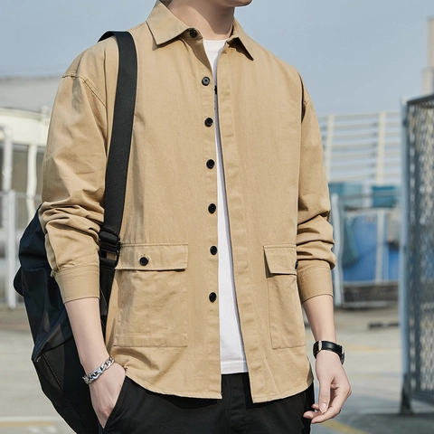 Camicia da Lavoro Cargo da Uomo Manica Lunga Vestibilità Comoda Cotone Casual Tasche Grandi Overshirt Vintage Streetwear Fashion Top da Uomo