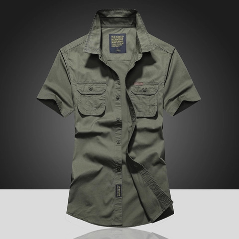 Camicia Cargo a Maniche Corte da Uomo in Puro Cotone Vestibilità Comoda Casual All'aperto Stile Militare con Doppie Tasche