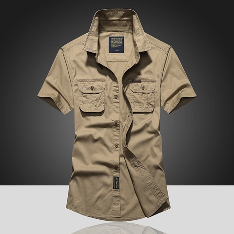 Camicia Cargo a Maniche Corte da Uomo in Puro Cotone Vestibilità Comoda Casual All'aperto Stile Militare con Doppie Tasche