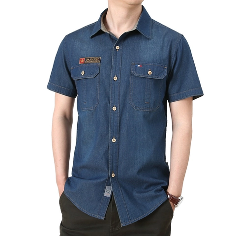 Camicia di Jeans a Maniche Corte da Uomo 100% Cotone Casual con Colletto a Revers e Doppie Tasche Top Estivo alla Moda