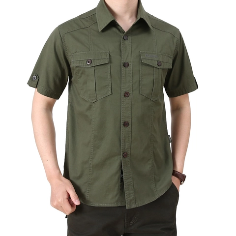 Camisa Cargo de Manga Corta para Hombre 100% Algodón Color Sólido Ajuste Holgado Camisa de Trabajo Casual Al Aire Libre Con Bolsillos Dobles Estilo Militar Top Con Solapa Para Jóvenes