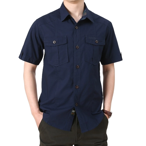 Camisa Cargo de Manga Corta para Hombre 100% Algodón Color Sólido Ajuste Holgado Camisa de Trabajo Casual Al Aire Libre Con Bolsillos Dobles Estilo Militar Top Con Solapa Para Jóvenes
