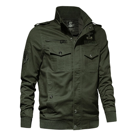 Men Cotton Military Cargo Jacket Stand Collar Multi Pocket Casual Tactical Outdoor Bomber Coat For Men Daily Durable Outerwear