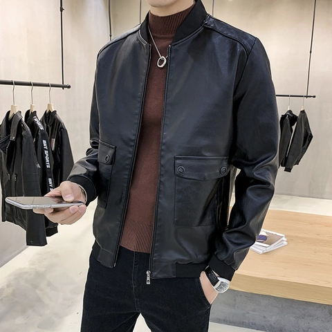 Men Casual PU Leather Jacket Slim Fit Stand Collar Bomber Coat For Spring Autumn Fashion Outerwear Solid Color Men Clothing