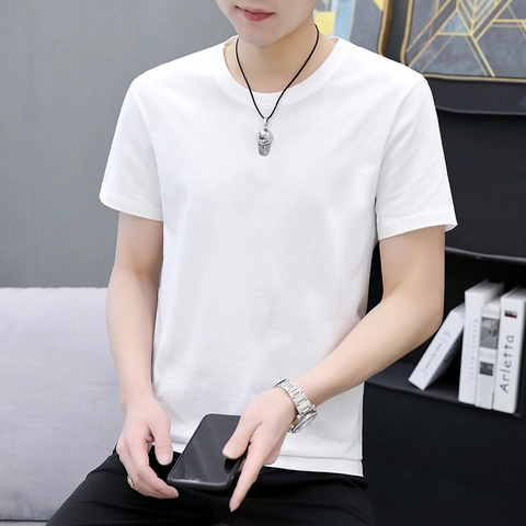 Men Cotton Solid Color Short Sleeve T-Shirt Summer Basic Round Neck Casual Slim Fit Top Soft Breathable Versatile Daily Tee