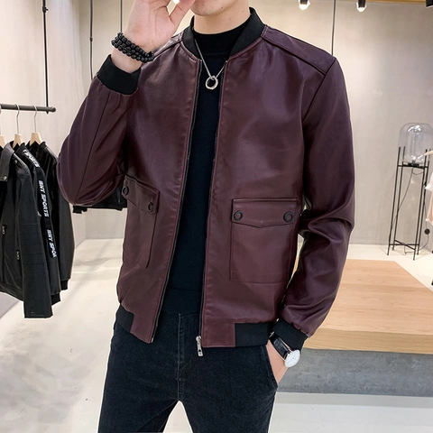 Men Casual PU Leather Jacket Slim Fit Stand Collar Bomber Coat For Spring Autumn Fashion Outerwear Solid Color Men Clothing
