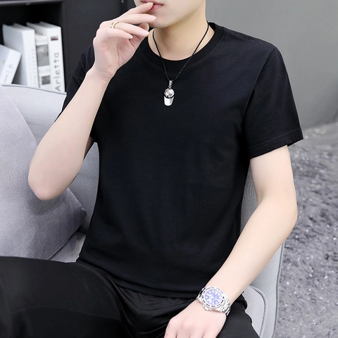 Men Cotton Solid Color Short Sleeve T-Shirt Summer Basic Round Neck Casual Slim Fit Top Soft Breathable Versatile Daily Tee