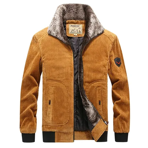 Men Corduroy Padded Jacket With Faux Fur Collar Thickened Warm Quilted Lining Winter Windproof Casual Coat For Men