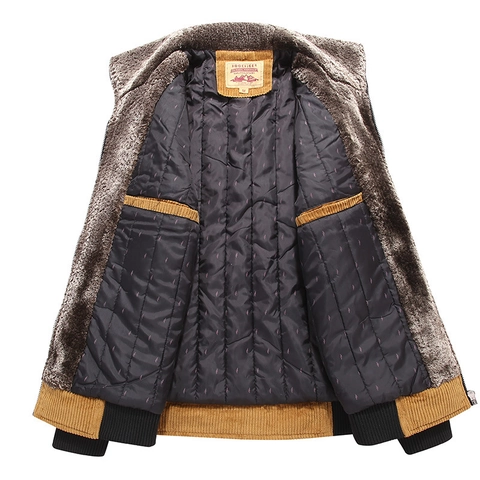 Men Corduroy Padded Jacket With Faux Fur Collar Thickened Warm Quilted Lining Winter Windproof Casual Coat For Men