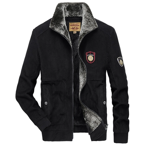 Men Winter Corduroy Padded Jacket Fleece Lined Thick Warm Casual Cotton Outerwear Windproof Parka With Embroidered Patches