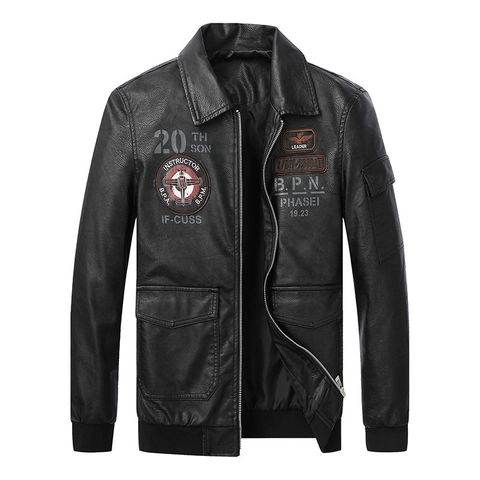Chaqueta de Vuelo Militar para Hombre Cuero PU Con Parches Bordados Corte Ajustado Chaqueta Bomber Moto Ropa Casual Talla Grande