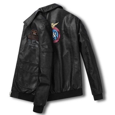 Chaqueta de Vuelo Militar para Hombre Cuero PU Con Parches Bordados Corte Ajustado Chaqueta Bomber Moto Ropa Casual Talla Grande