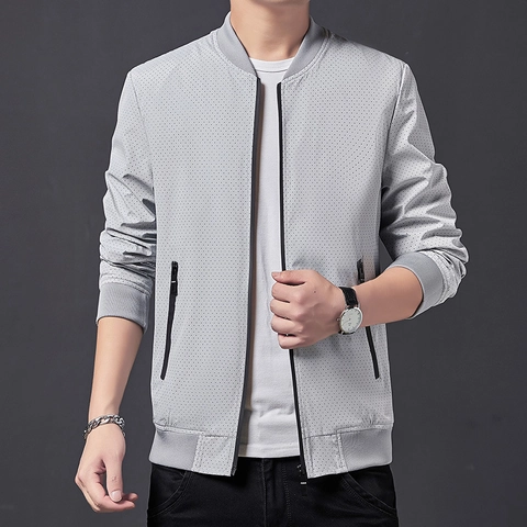 Men Breathable Polyester Mesh Bomber Jacket Thin Zip Up Stand Collar Casual Streetwear Fashion Daily Outerwear Coat